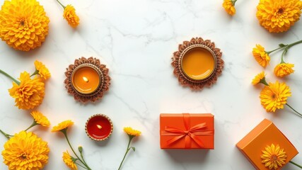 Diwali Celebration: Marigolds Diyas and Gifts on White Background.