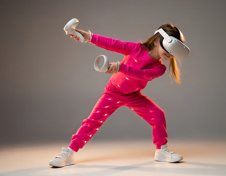 Young girl immersed in virtual reality gaming experience with VR headset and controllers, A child wearing a VR headset and holding controllers is fully engaged in a virtual reality game, enjoying it