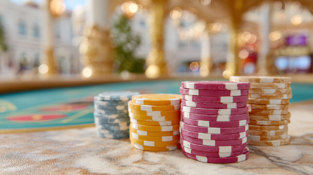 Casino poker table displaying stacked colorful chip towers with blurred background
