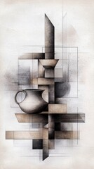 An abstract artwork featuring a vase and geometric shapes in neutral tones, with architectural elements and a textured background.