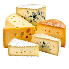 An assortment of five distinct cheese wedges displayed against a black background.