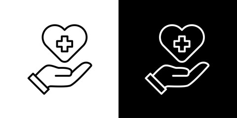 Modern Outline Icons Depicting Compassionate Hand Gently Supporting Heart with Health Cross Symbol, Ideal for Medical Support, Wellness, and Charitable Initiatives