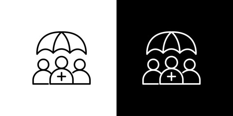 Insurance for healthcare with umbrella coverage and people symbols in monochrome outline icon