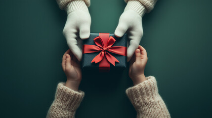 Santa Claus hands in white gloves and red sleeves giving a wrapped Christmas gift to a child