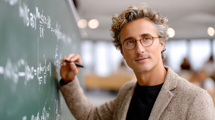Middle-aged male physics professor in tweed jacket writes equations on a green chalkboard in a modern classroom