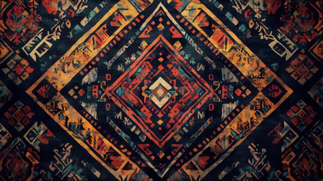 Abstract geometric pattern background with rich texture resembling a traditional tribal or bohemian rug design in warm colors