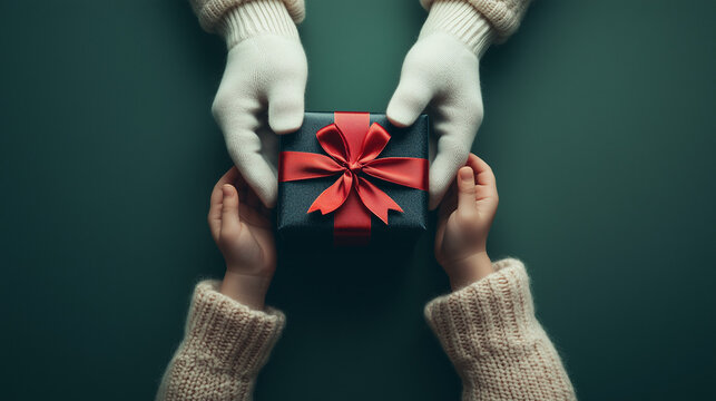 Santa Claus hands in white gloves and red sleeves giving a wrapped Christmas gift to a child - Powered by Adobe