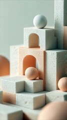 An abstract composition featuring geometric shapes, including cubes, arches, and spheres, arranged in a layered structure. The image has a soft, diffused lighti