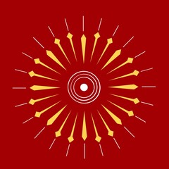 A stylized sun with a red center and a golden yellow halo on a red background 