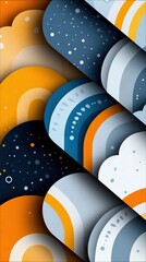 An abstract composition featuring layered geometric shapes in various colors, with a textured appearance.