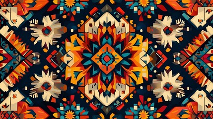 Vibrant and intricate tribal pattern with geometric shapes and floral motifs in warm orange, yellow, and cool blue tones, resembling a textile