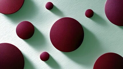 An abstract image featuring several maroon circular shapes of varying sizes on a textured white and green background, with shadows.
