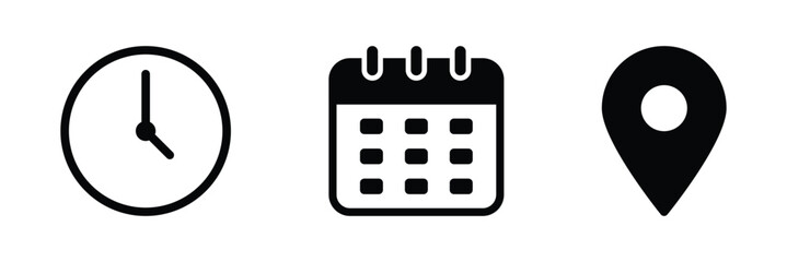 Calendar, Location pin, Clock icons