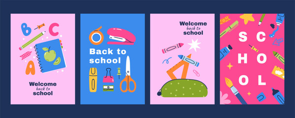 Set of bright posters Back to school with school supplies. Hand drawn vector illustration for ads, educational flyers and print.