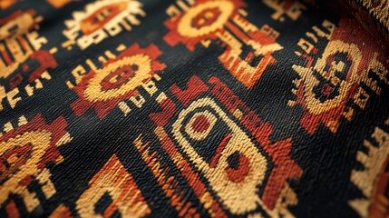 Closeup of intricate, richly colored textile pattern featuring geometric and stylized figures, likely from traditional andean weaving