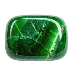 Close-up of a polished, rectangular piece of vibrant green jade or similar gemstone against a black background.