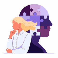 The image represents a contemplative woman with hints of puzzle pieces behind her, symbolizing introspection, thought processes, and the journey of self-discovery and understanding.