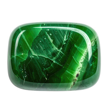 Close-up of a polished, rectangular piece of vibrant green jade or similar gemstone against a black background.