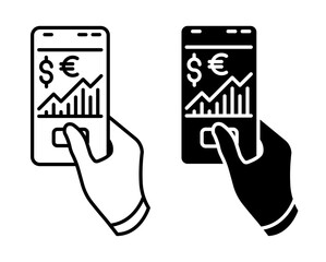 Linear icon. Hand of an investor broker holds a mobile phone with an online trading terminal for conducting stock exchange transactions. Simple vector isolated on white background
