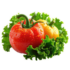 Fresh vegetables Red tomato, yellow pepper, & green lettuce arrangement