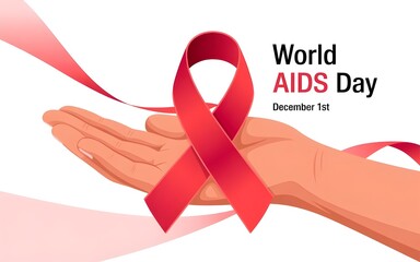 World aids day design of red ribbon on hand vector illustration
