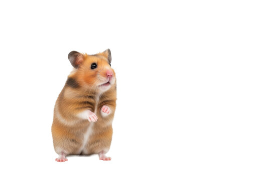 A fluffy, well-groomed golden Syrian hamster stands on hind legs with one paw raised, expressing deep curiosity against a transparent studio background with copy space, concept of innocent