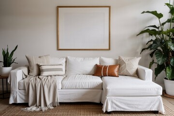 Comfortable white sectional sofa with decorative pillows and plants