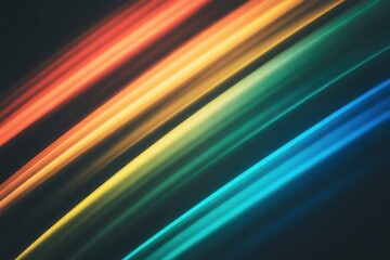Abstract rainbow colored light streaks flowing diagonally across dark background