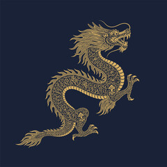 Obraz premium Detailed golden Chinese dragon design with flowing scales and fierce expression set against a dark background.