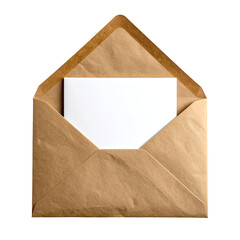 Open envelope with white card. Invitation and stationery concept