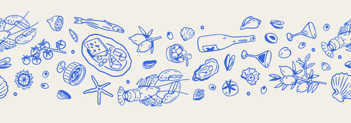Seamless horizontal pattern, Dolce Vita doodles, Italian sea food. Seafood, lemons, Mediterranean coastal cuisine, outline drawings, repeating endless background design. Hand-drawn vector illustration