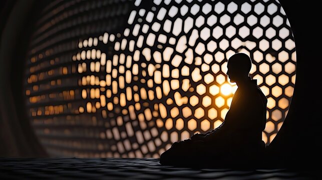 A silhouetted person is meditating indoors in front of a geometric window at sunset. The image evokes a sense of peace and contemplation.