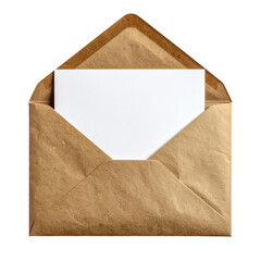 Open brown envelope revealing a blank white card inside