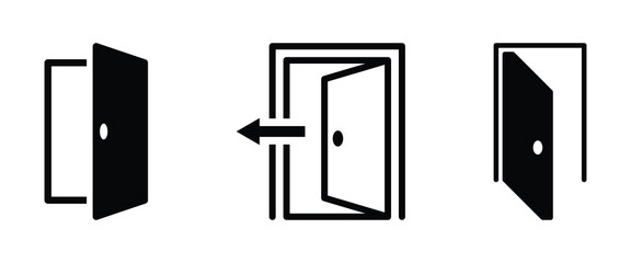 Door open icon symbols. Vector illustration. Black exit entry in arrow icon. Door open icon set in line. Doors set opened and closed door icon