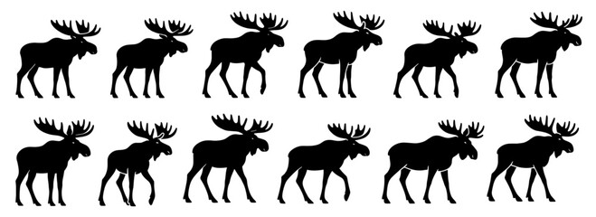 Moose silhouettes in standing and walking poses. Clean lines show high quality. The collection emphasizes large antlers and steady posture