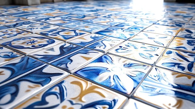 Closeup view of traditional blue and white azulejo ceramic floor tiles with gold accents, showcasing intricate floral pattern detail