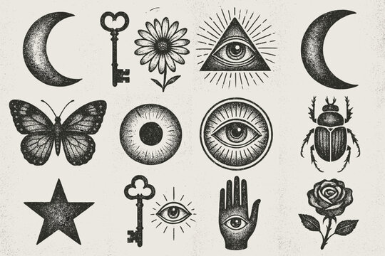 Mystic symbols including eye crescent key flower and butterfly. Textured stippling creates vintage occult style. Soft tones add atmospheric mysterious mood