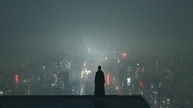 Solitary Silhouette on a Rooftop Gazing Over a Vast, Fog-Shrouded Cyberpunk Metropolis at Night.