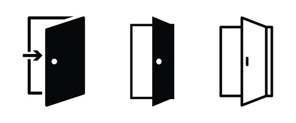 Open door icon. Door icon, open door, close door icon. Open door icon in black and white. door vector icon. Entrance door, vector graphic illustration of the entry door icon. Vector illustration.