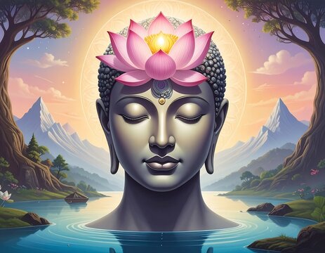 Meditative Buddha head atop serene waters, with lotus and nature