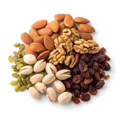 Healthy Dry Fruits Mix with Almonds, Walnuts, Pistachios, and Raisins on White Background