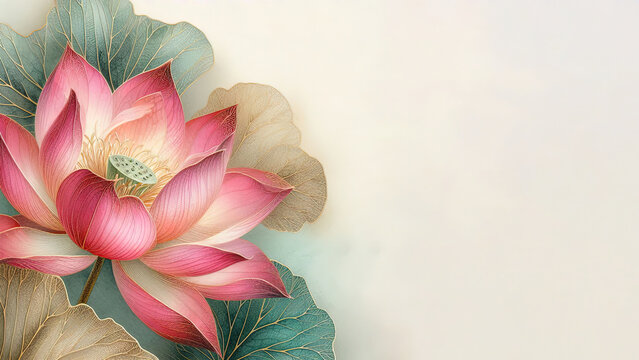 Pink lotus flower watercolor, gold leaves, beige-teal wash, soft light, airy botanical. Use for greeting card - Powered by Adobe