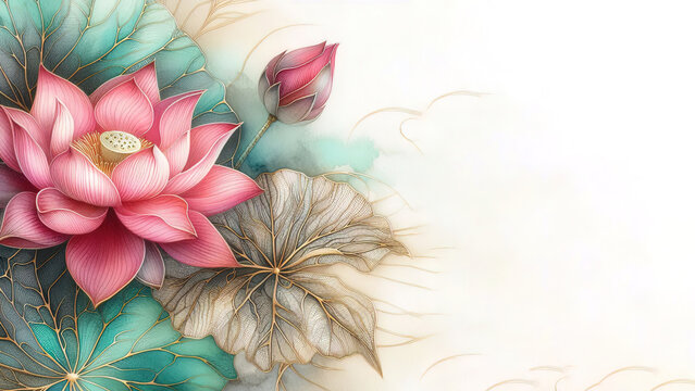 Pink lotus flower watercolor, gold leaves, beige-teal wash, soft light, airy botanical. Use for greeting card