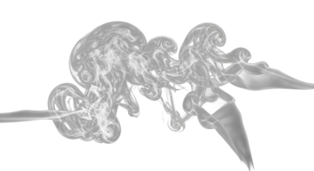 Elegant white smoke and pristine vapor swirling, diffusing in abstract fluid shapes with distinct contours against a pure black background, dramatic backlighting, concept of innovation and