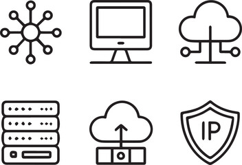 Six line art icons depicting networking computer server cloud and ip protection symbols