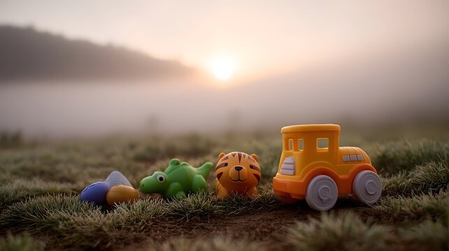 Children s toys including a tiger alligator and train rest on dewy grass during a misty sunrise - Powered by Adobe