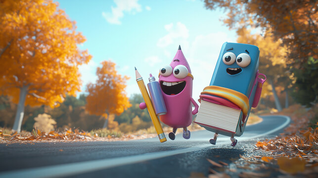 Colorful characters walking joyfully down a vibrant autumn road