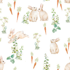 Watercolor seamless pattern with cute bunnies, carrots and green herbs. Hand-painted spring design perfect for Easter, nursery decor, fabric, wallpaper and baby projects.