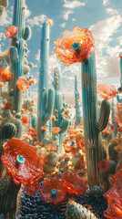 Colorful flowers bloom among tall cacti under a bright blue sky