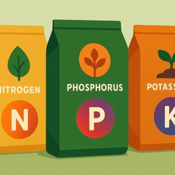 Colorful packaged fertilizer bags showcasing nitrogen phosphorus and potassium elements set against a minimalist backdrop emphasizing plant growth and agricultural vitality